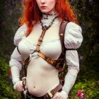 Red-haired woman in steampunk attire with purple flowers - fantasy-inspired outfit.