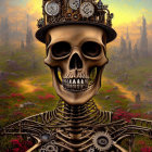 Surreal artwork: Skeleton with clockwork crown in dystopian landscape