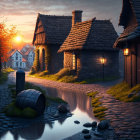 Charming sunset scene of village with cobblestone path and stone cottages
