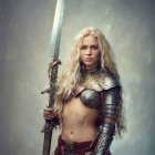 Blonde female warrior in silver armor wields sword against mystical backdrop
