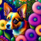 Colorful Dog Illustration Surrounded by Psychedelic Flowers