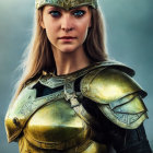 Detailed Golden Armor Woman in Stern Expression against Blurred Background
