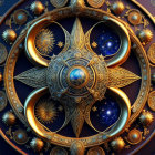 Intricate Golden Gear Astronomical Clock on Starry Blue Background