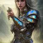Medieval armor woman holding crystal in misty mountains