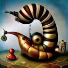Surreal art of metallic snail with telescope, clock pendulum, and machinations