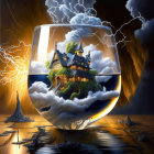 Fantasy illustration of house on floating island in glass with stormy clouds.
