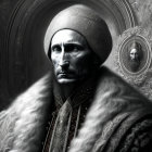 Regal bearded man in fur-trimmed attire on ornate grey background