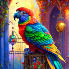 Colorful Parrot Perched on Open Cage with Whimsical Background