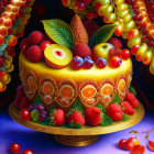 Colorful Fruit-Topped Cake with Ornate Decorations on Gold Stand