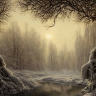 Snow-covered trees in serene winter landscape with misty glow and gentle stream