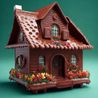 Whimsical chocolate house with shingled roof and flower boxes