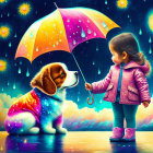 Young girl in pink coat sharing umbrella with dog under starry sky in the rain