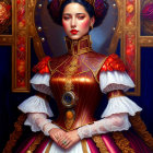 Regal woman with heart-shaped symbol in ornate red and gold corset.