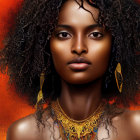 Curly-Haired Woman Portrait with Gold Jewelry on Red-Orange Background