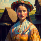 Traditional Folk Costume Woman with Floral Wreath Headband Standing by Wooden Buildings
