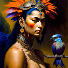 Woman portrait with feather headdress, blue bird, golden earrings, and intense gaze.