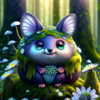 Animated creature in enchanted forest with mushrooms and daisies