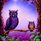 Illustrated owls on branch with purple flora in whimsical forest