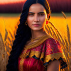 Blue-Haired Woman in Traditional Outfit in Wheat Field at Sunset