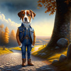Dog in Denim Jacket Stands on Cobblestone Path at Sunset
