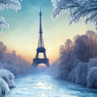 Frost-covered Eiffel Tower in wintry landscape with frozen river and sunrise colors.