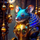 Detailed Steampunk Robotic Mouse Illustration in Gold and Blue