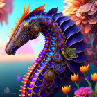 Majestic seahorse digital artwork with gold adornments in dreamy aquatic setting