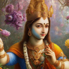 Lord Krishna depiction with golden crown and serene expression among yellow flowers