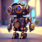 Intricate steampunk-style robot with purple eyes against architectural backdrop