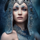 Woman with Blue Eyes and Silver Headdress in Fantasy Armor