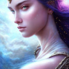 Fantasy illustration: woman with purple hair, gold crown, ornate armor, celestial backdrop