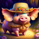 Smiling pig in fancy attire in enchanted forest scene