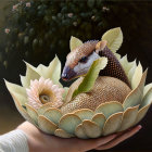 Armadillo Curled Up in Flower with Human Hand and Serene Background
