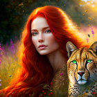 Digital artwork: Woman with red hair & cheetah in vibrant meadow.