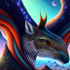 Colorful Fantasy Dragon-Like Creature with Ornate Horns and Intricate Markings against Mountainous