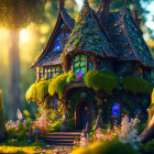 Enchanting forest cottage with mossy roofs and glowing windows nestled in a magical sunlit setting