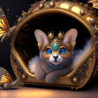 Fluffy Cat with Crown in Golden Frame and Butterflies Illustration
