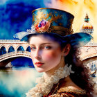 Vibrant digital artwork of woman in decorative hat with Venetian canal scene