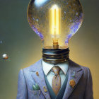 Surreal artwork featuring man's body with lightbulb head and floating galaxies