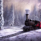 Vintage steam locomotive and red carriage on snow-covered tracks in winter forest scenery