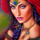 Portrait of a Woman with Vibrant Headdress, Blue Braid, and Bohemian Style