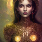 Digital portrait of a woman in regal attire with glowing accessories and mystical lighting, embodying an eth