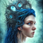 Vibrant blue hair and luminous eyes in surreal portrait