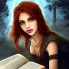 Woman with Red Hair and Purple Eyes Reading Book in Mystical Forest with Lightning