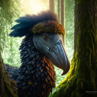 Anthropomorphic bird digital artwork in mystical forest with sunlight.