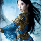 Elaborate blue and gold traditional armor on woman in icy backdrop