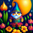 Whimsical cat-faced gnome with blue hat among vibrant flowers
