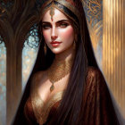 Digital artwork featuring woman with gold jewelry and dark hair against golden backdrop.