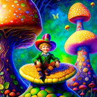 Boy with Mushroom Cap Hat Sitting on Large Mushroom in Vibrant Forest