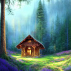 Serene forest clearing with wooden cabin, tall trees, sunlight, and wildflowers